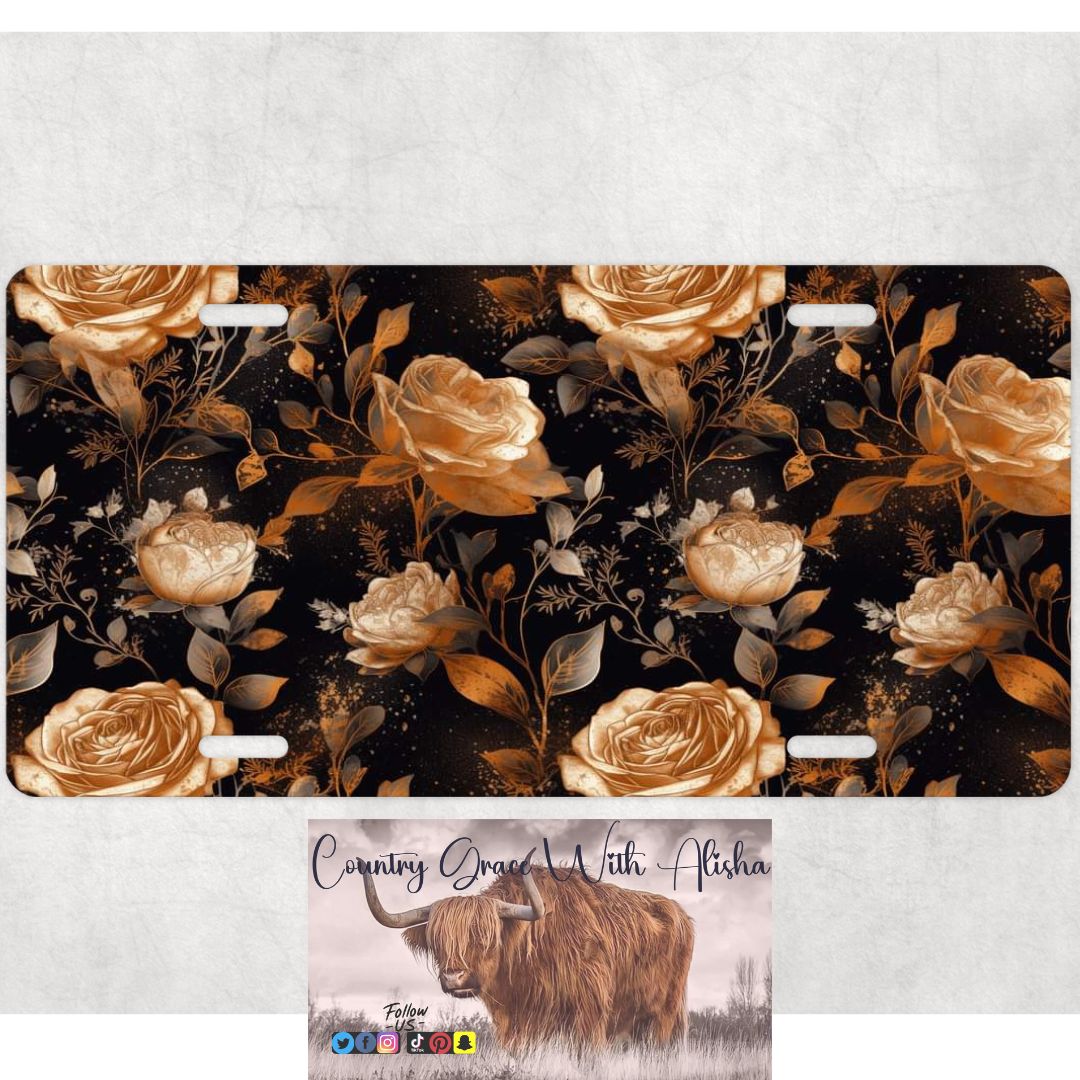 Gold Roses Custom Car Tag License Plate