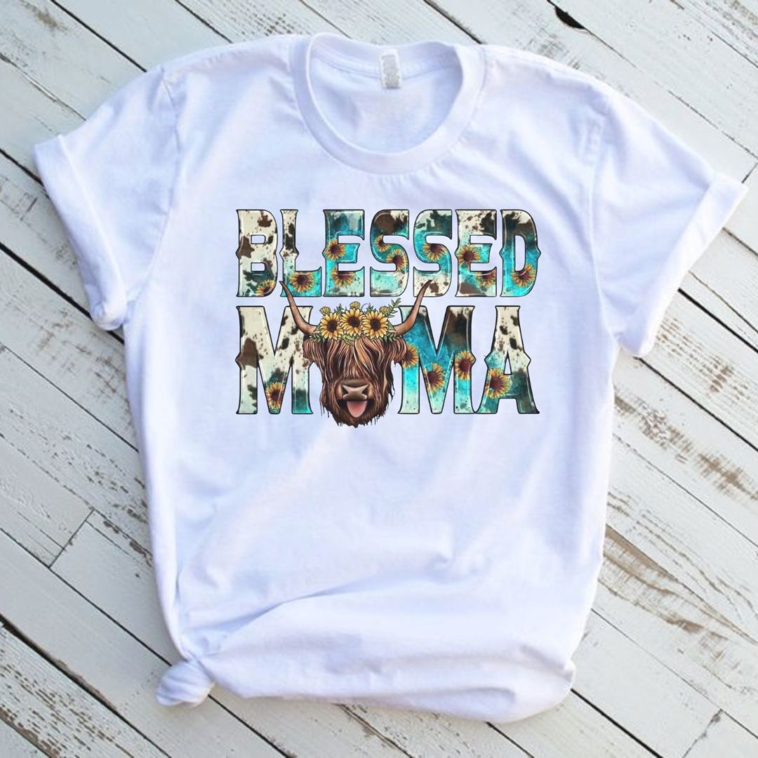 Blessed Mama Highland Cow Graphic T-Shirt
