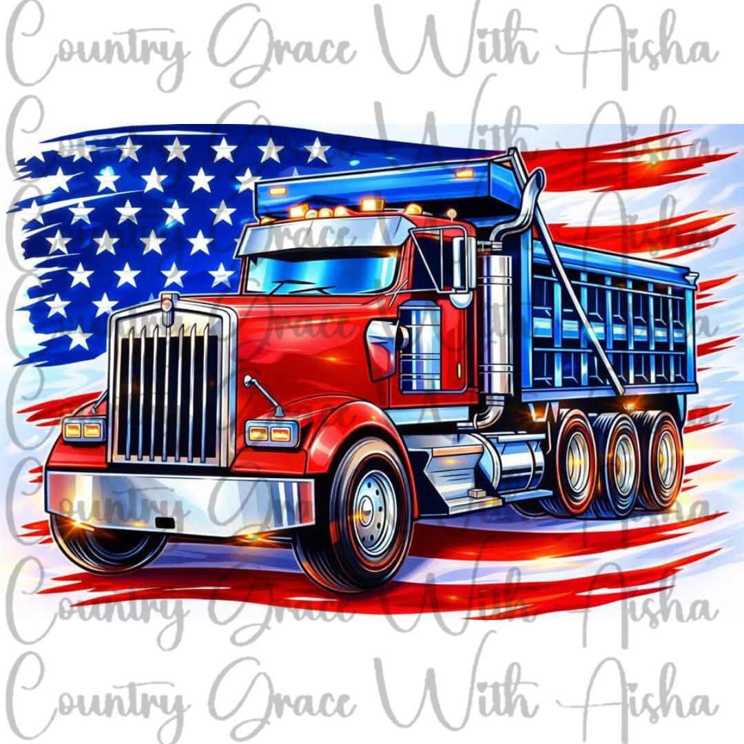 Dump Truck American Flag Ready to Press Sublimation Transfer