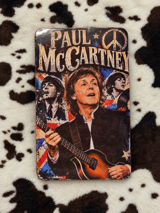 Paul McCartney collage refrigerator magnet with bass guitar, Union Jack artwork and rounded corners