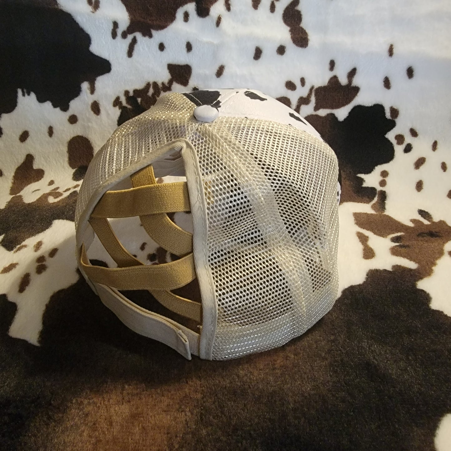 White Cow Print Criss Cross Ponytail Hat