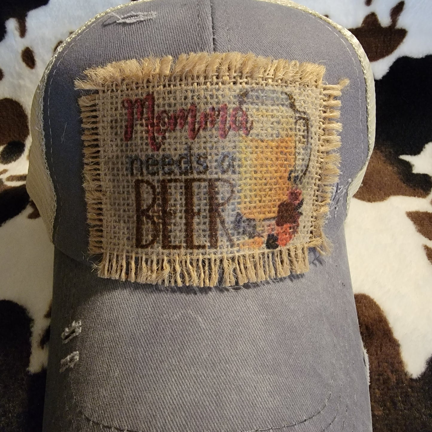 Mama Needs A Beer Gray Criss Cross Ponytail Patch Hat