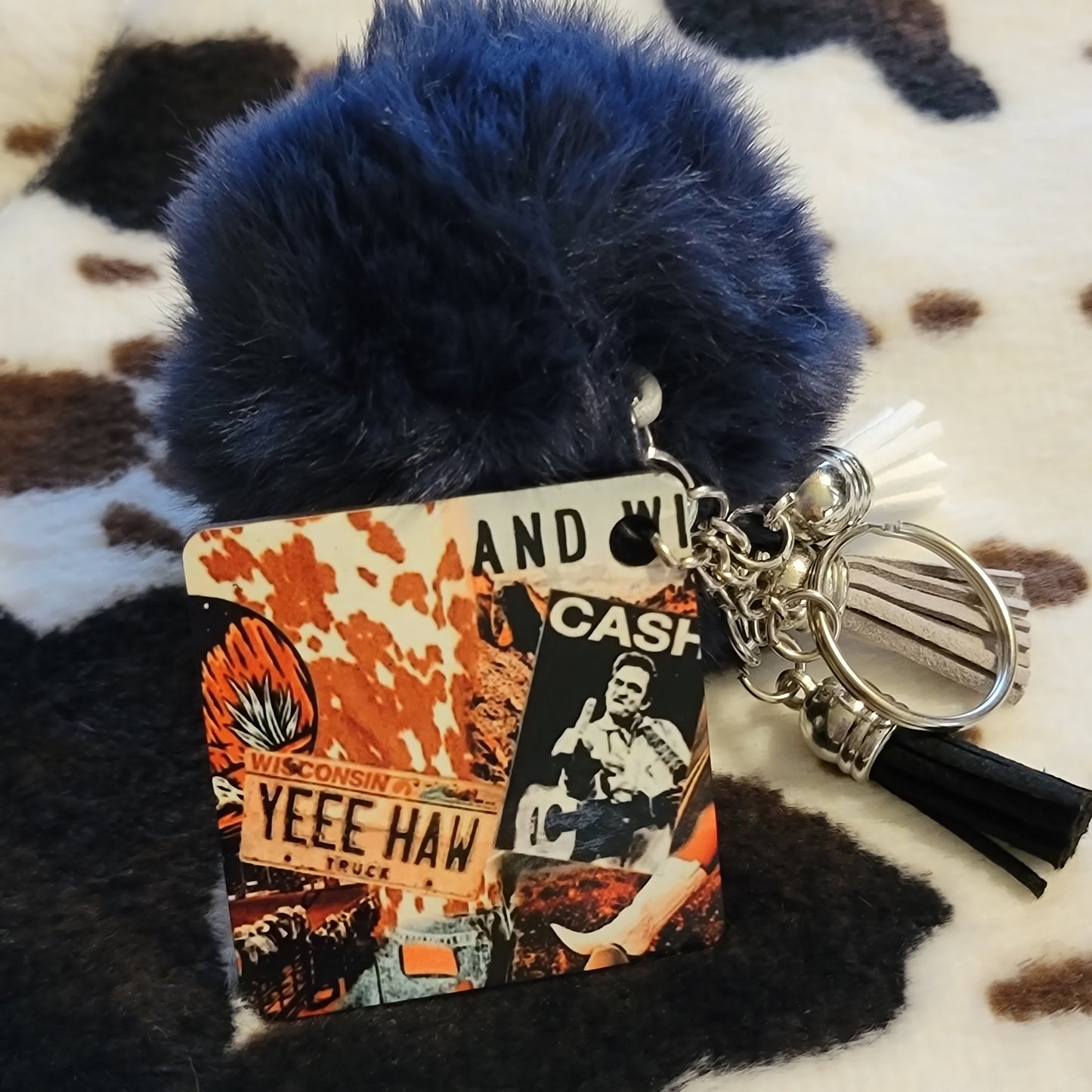 Western Collage Pom Pom Keychain