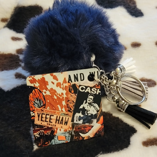 Western Collage Pom Pom Keychain