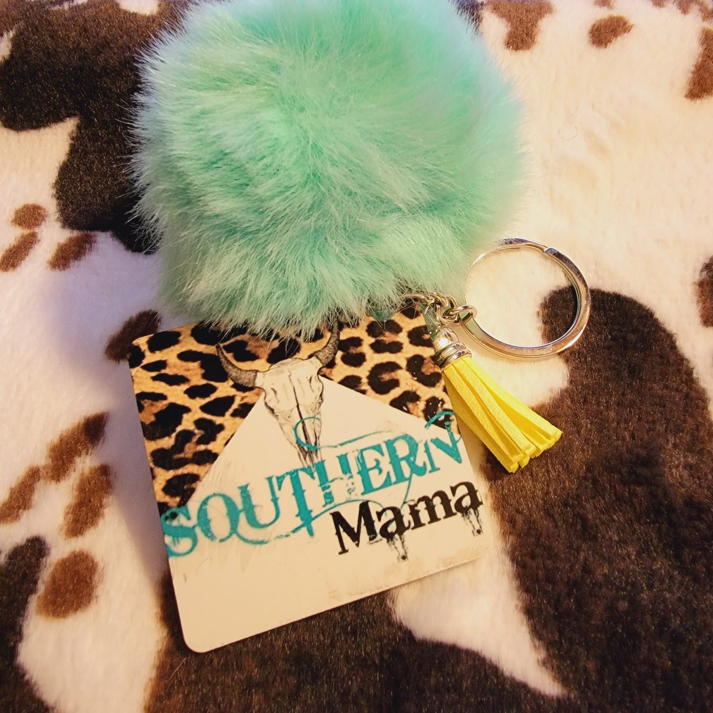 Southern Mama Leopard Pom Pom Keychain