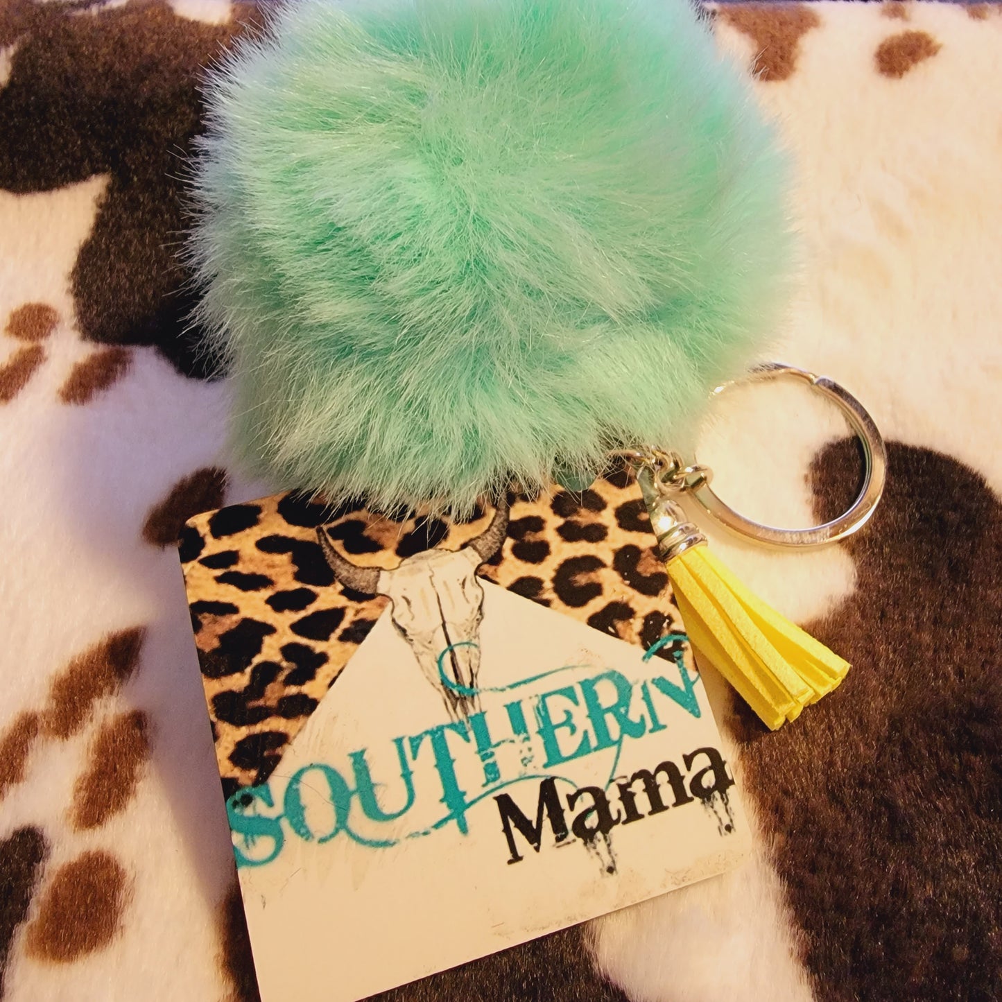Southern Mama Leopard Pom Pom Keychain
