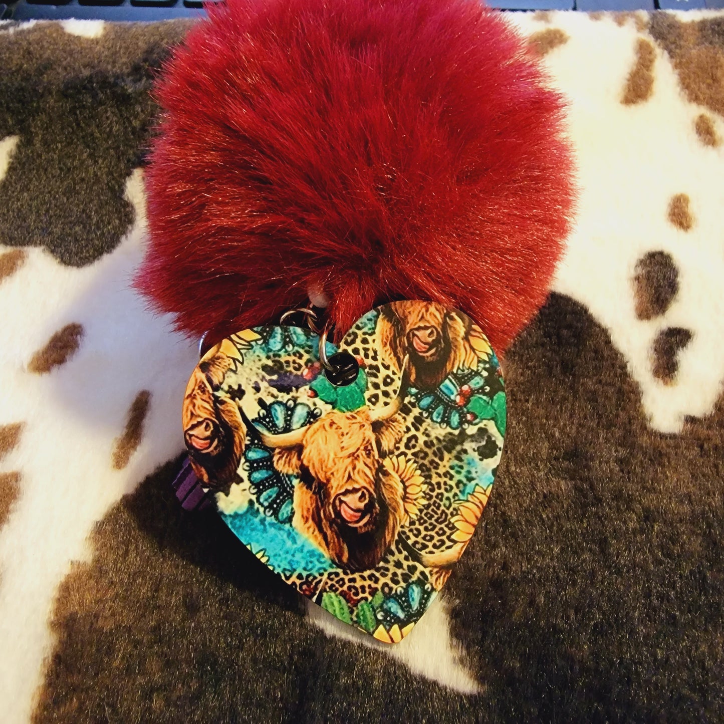 Bull Skull Heart Pom Pom Keychain