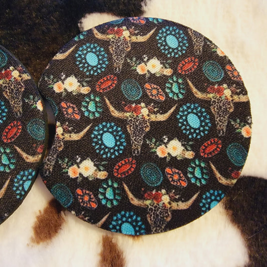 Floral Bull Skull Neoprene Car Coaster Set