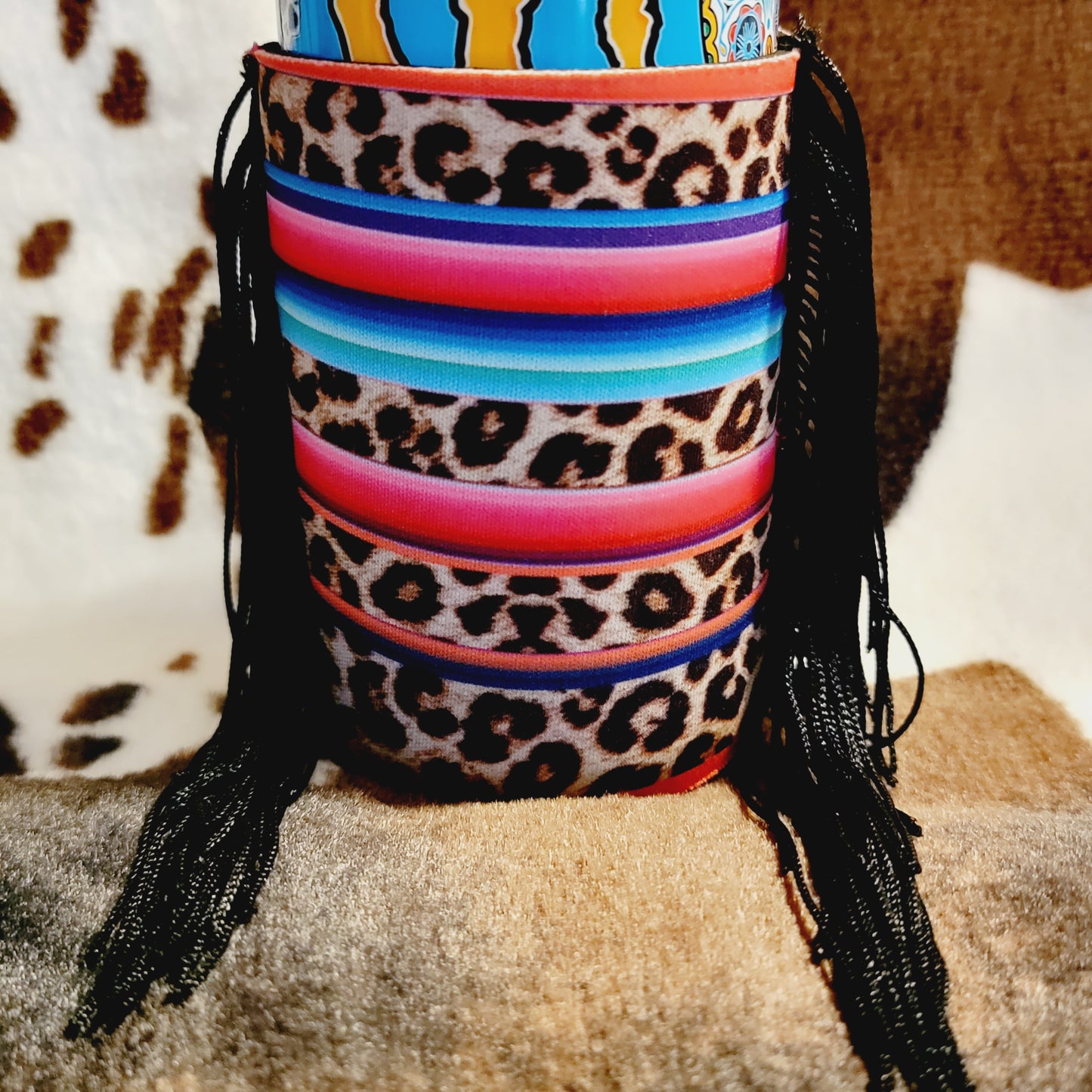 Fringe Serape Leopard Stripes Can Koozie