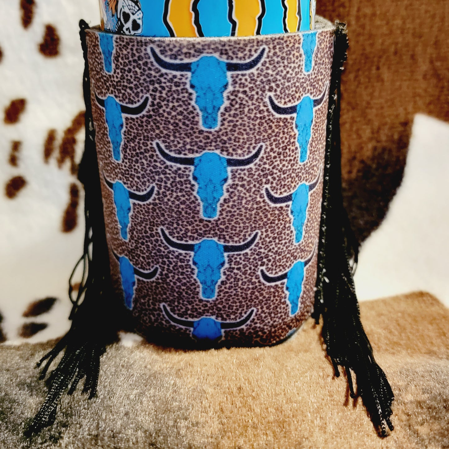 Fringe Bull Skull Western Leopard Print Can Cooler Koozie