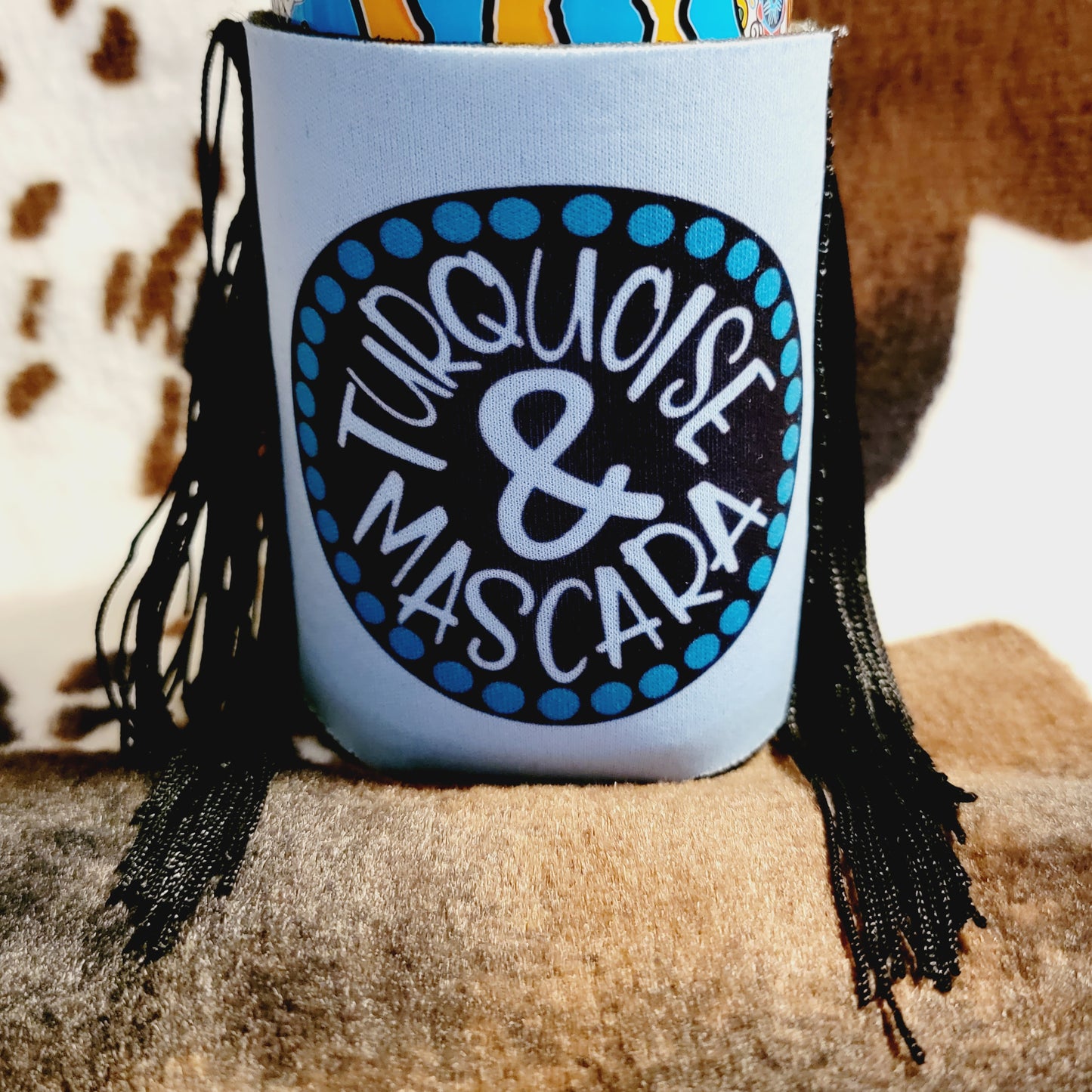 Fringe Turquoise and Mascara Can Cooler Koozie