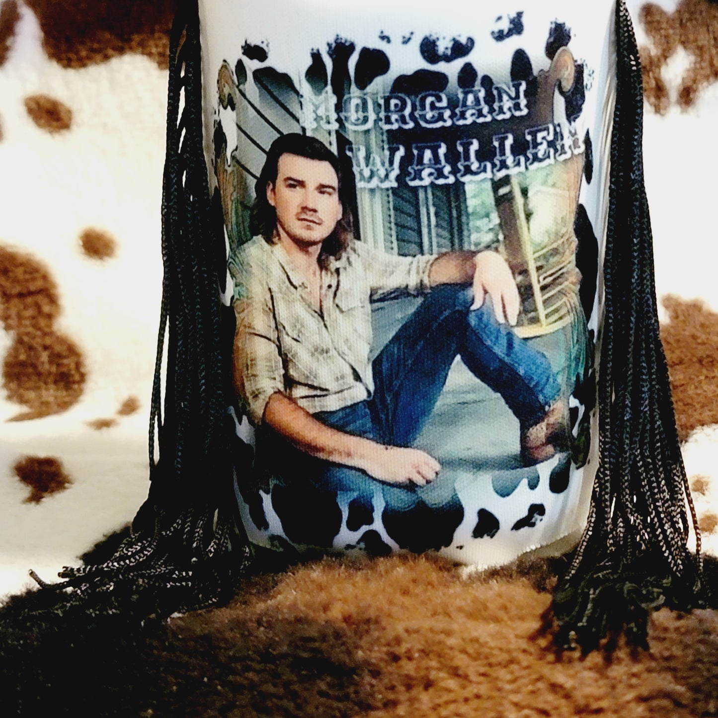 Cow Print Morgan Fringe Can Cooler Koozie