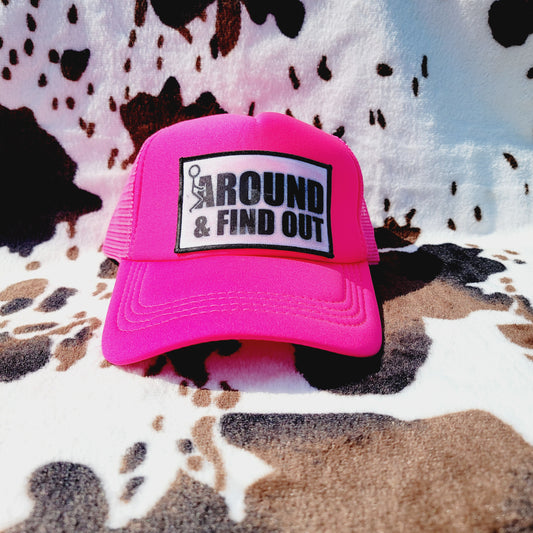 Find Out Neon Pink Handmade Patch Trucker Hat