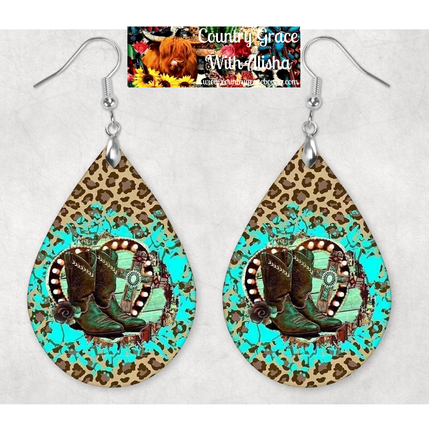Boots and Cross Western Teardrop Dangle Custom Earrings