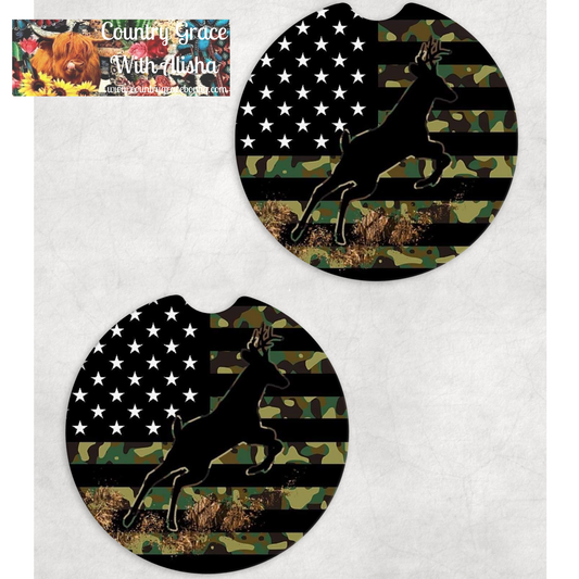 Camo Deer Flag Neoprene Car Coaster Set