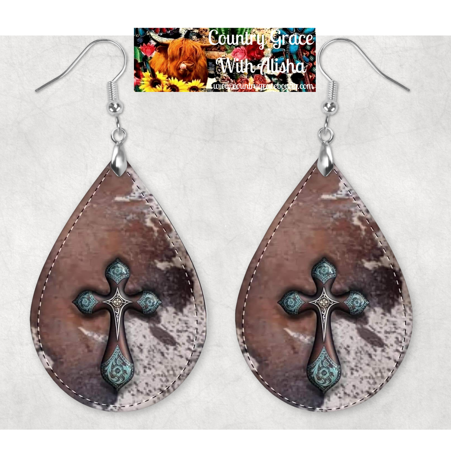 Cow Print Cross Western Teardrop Dangle Custom Earrings