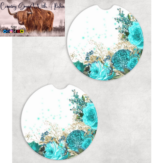 Teal Flowers Neoprene Car Coasters