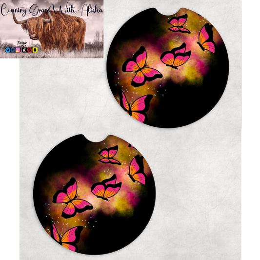 Pink Butterfly Neoprene Car Coasters
