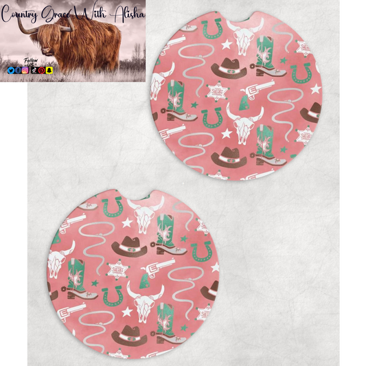 Western Pink Neoprene Car Coasters