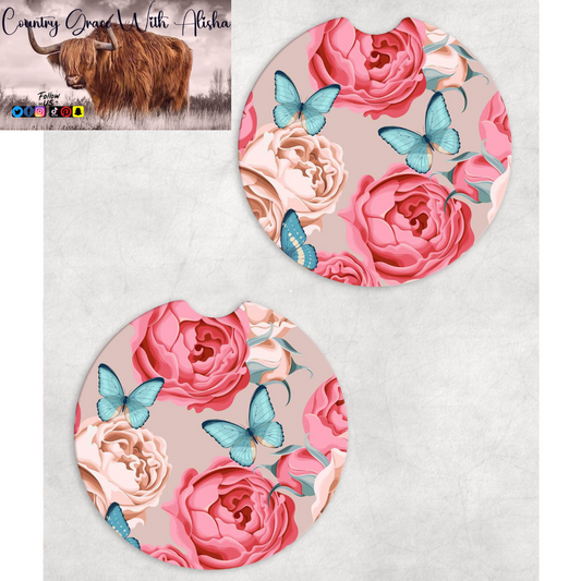 Butterfly Rose Neoprene Car Coasters