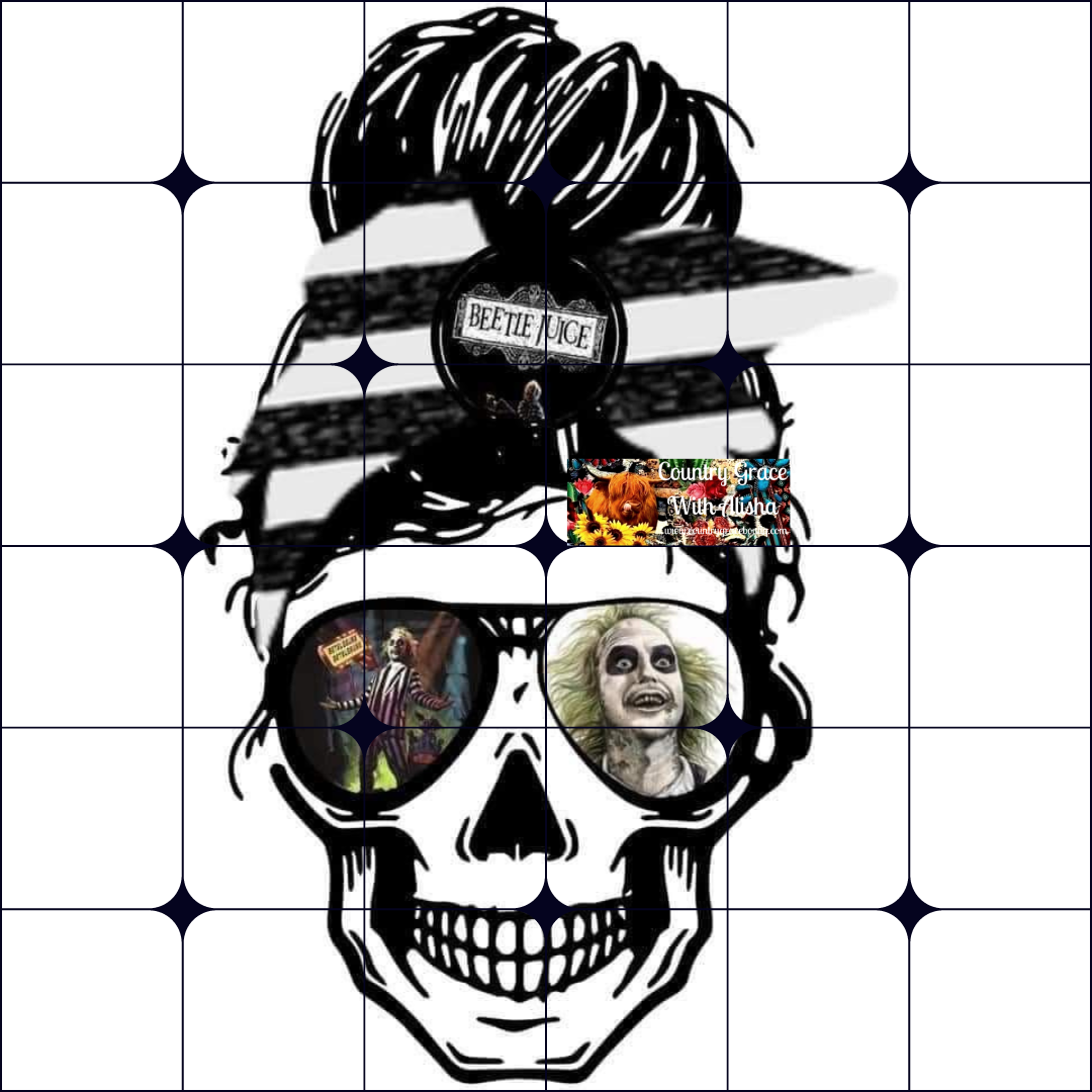 Messy Bun Skull Halloween Ready to Press Sublimation Transfer