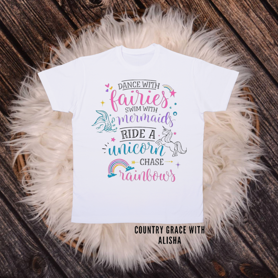 Fairies And Mermaids Kids TShirt White Short Sleeve Graphic Tee
