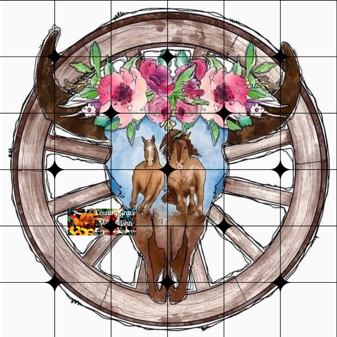 Wagon Wheel Bull Skull Ready to Press Sublimation Transfer