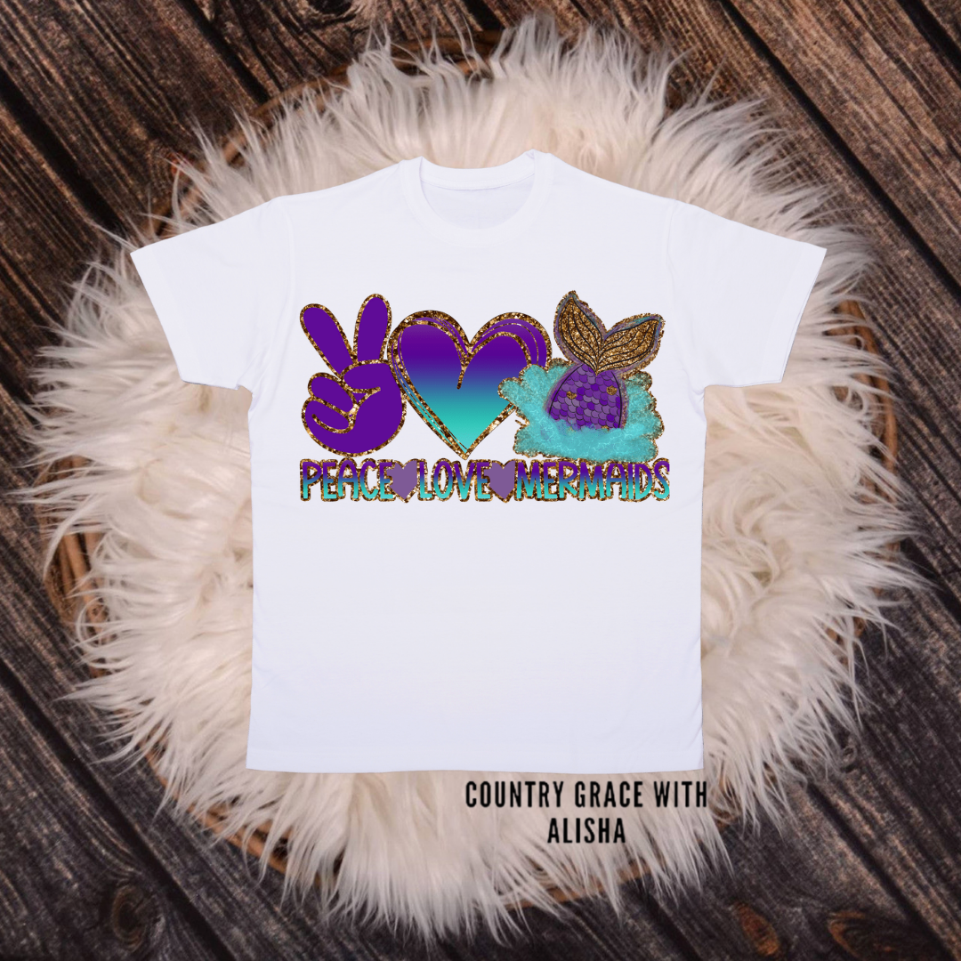 Peace Love Mermaids Kids TShirt White Short Sleeve Graphic Tee