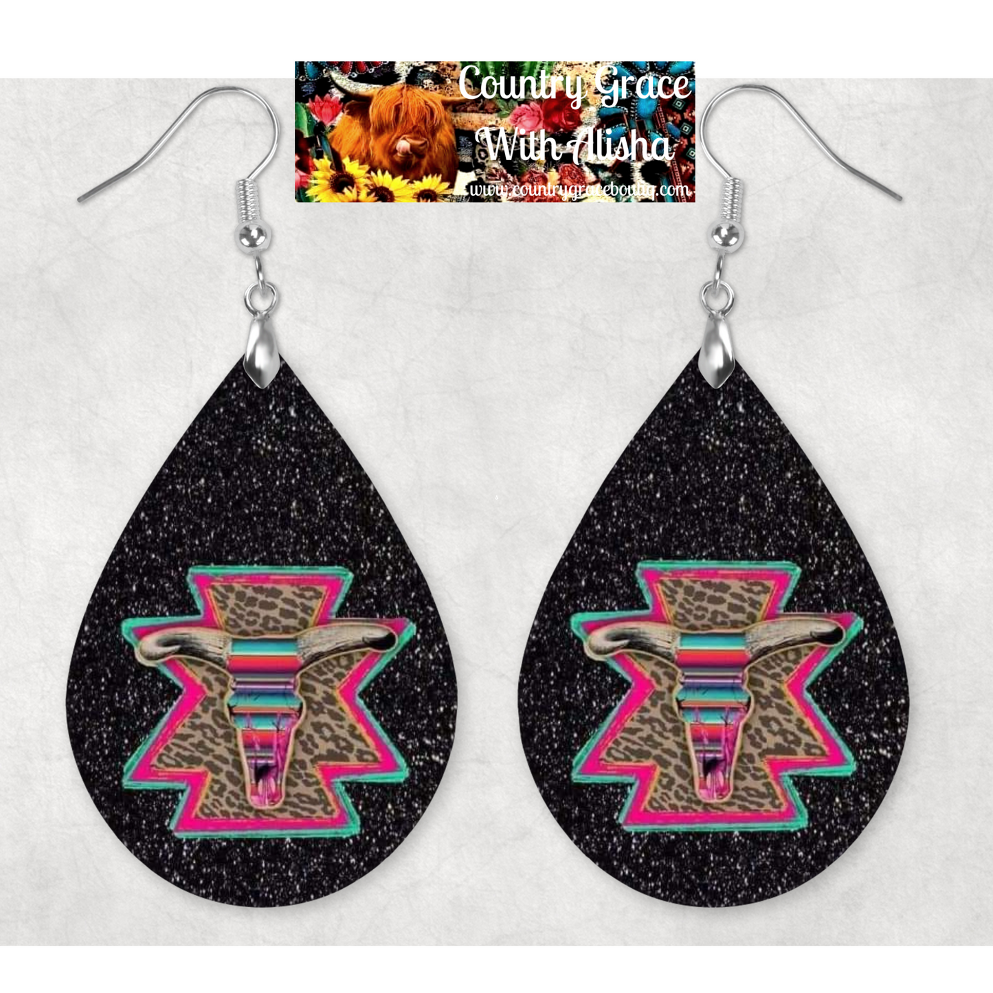 Serape Bull Skull Western Teardrop Dangle Custom Earrings