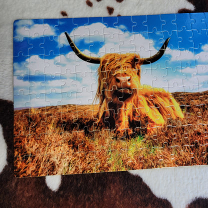 Highland Cow In A Field 120 Piece Handmade Jigsaw Puzzle