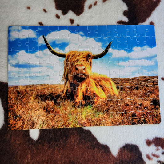 Highland Cow In A Field 120 Piece Handmade Jigsaw Puzzle