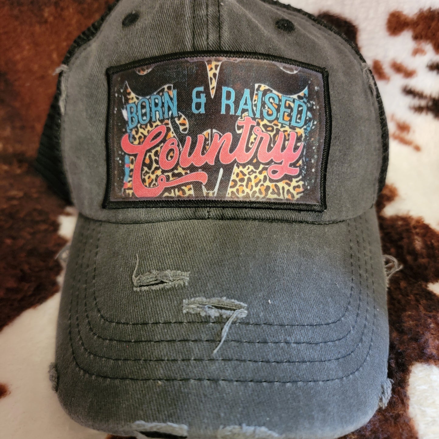 Born Country Bull Skull Distressed Patch Ponytail Hat