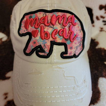 Mama Bear White Distressed Patch Hat