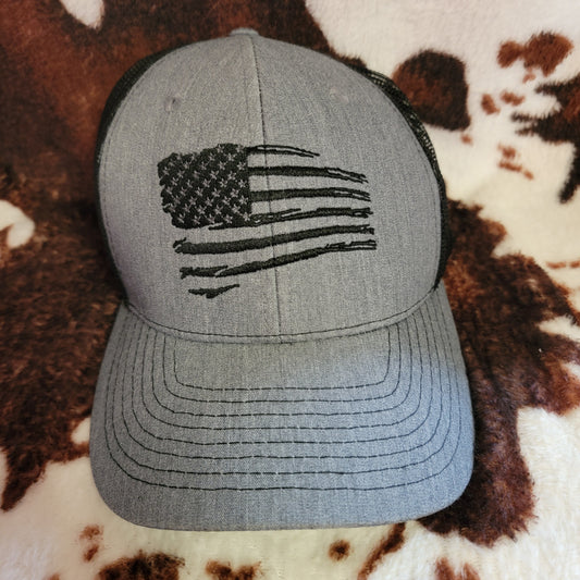 Mens USA Flag Gray Trucker Hat