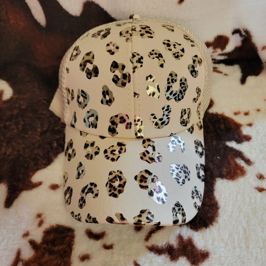 Animal Print Cream Criss Cross Ponytail Hat