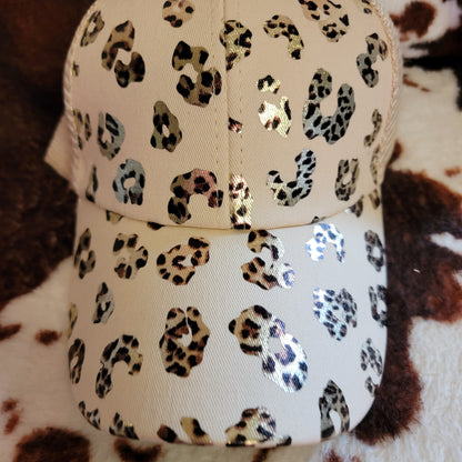 Animal Print Cream Criss Cross Ponytail Hat