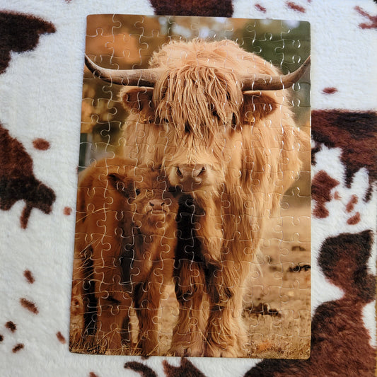 Highland Cow Mama and Baby 120 PC Handmade Jigsaw Puzzle