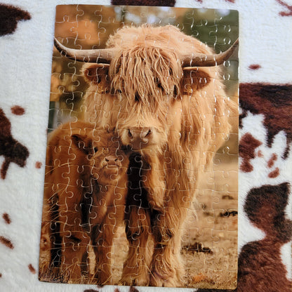 Highland Cow Mama and Baby 120 PC Handmade Jigsaw Puzzle