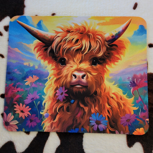 Highland Baby Cow Floral Mouse Pad