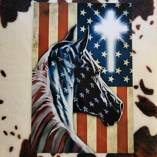 Horse American Flag Cross Metal Sign