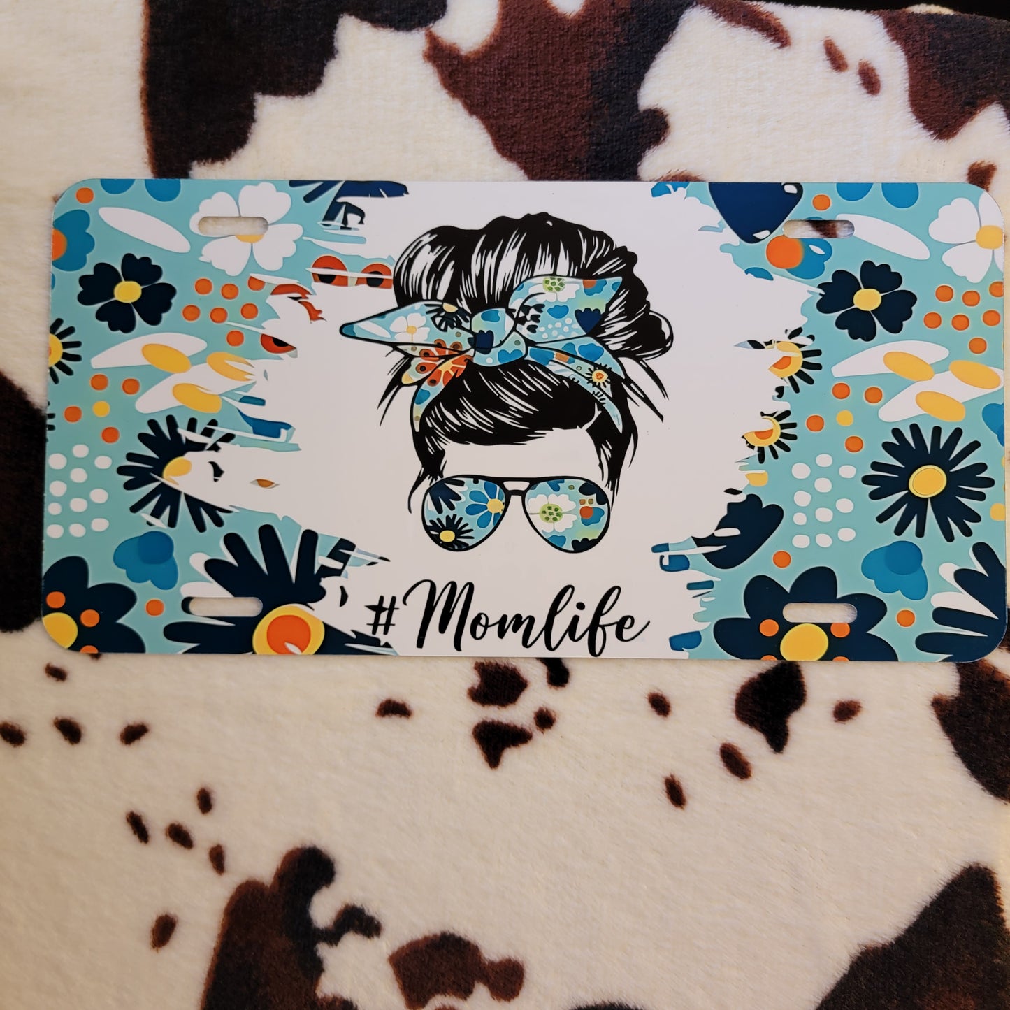 Mom Life Messy Bun Floral Car Tag License Plate