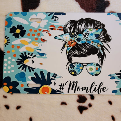 Mom Life Messy Bun Floral Car Tag License Plate