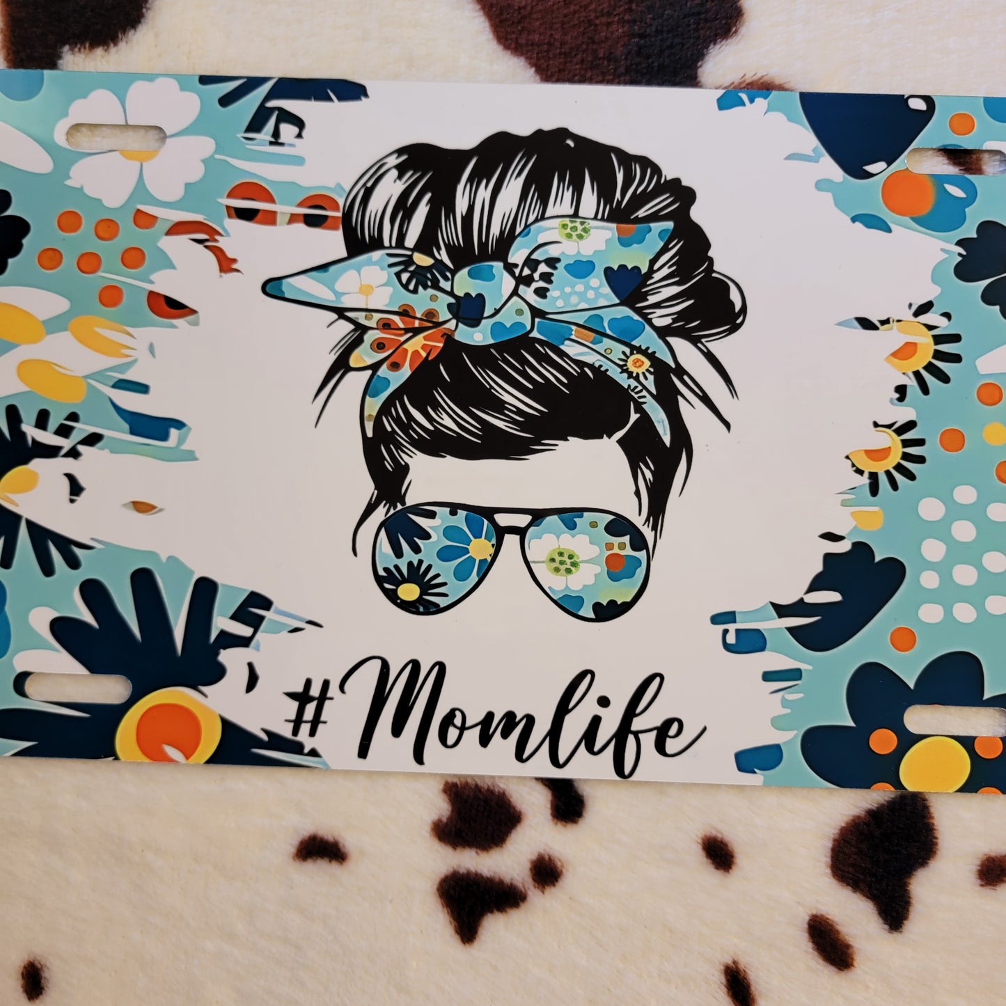 Mom Life Messy Bun Floral Car Tag License Plate