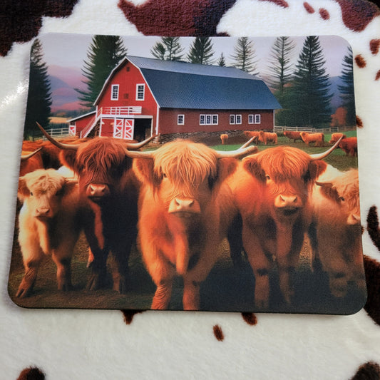 Highland Cow Red Barn Mouse Pad