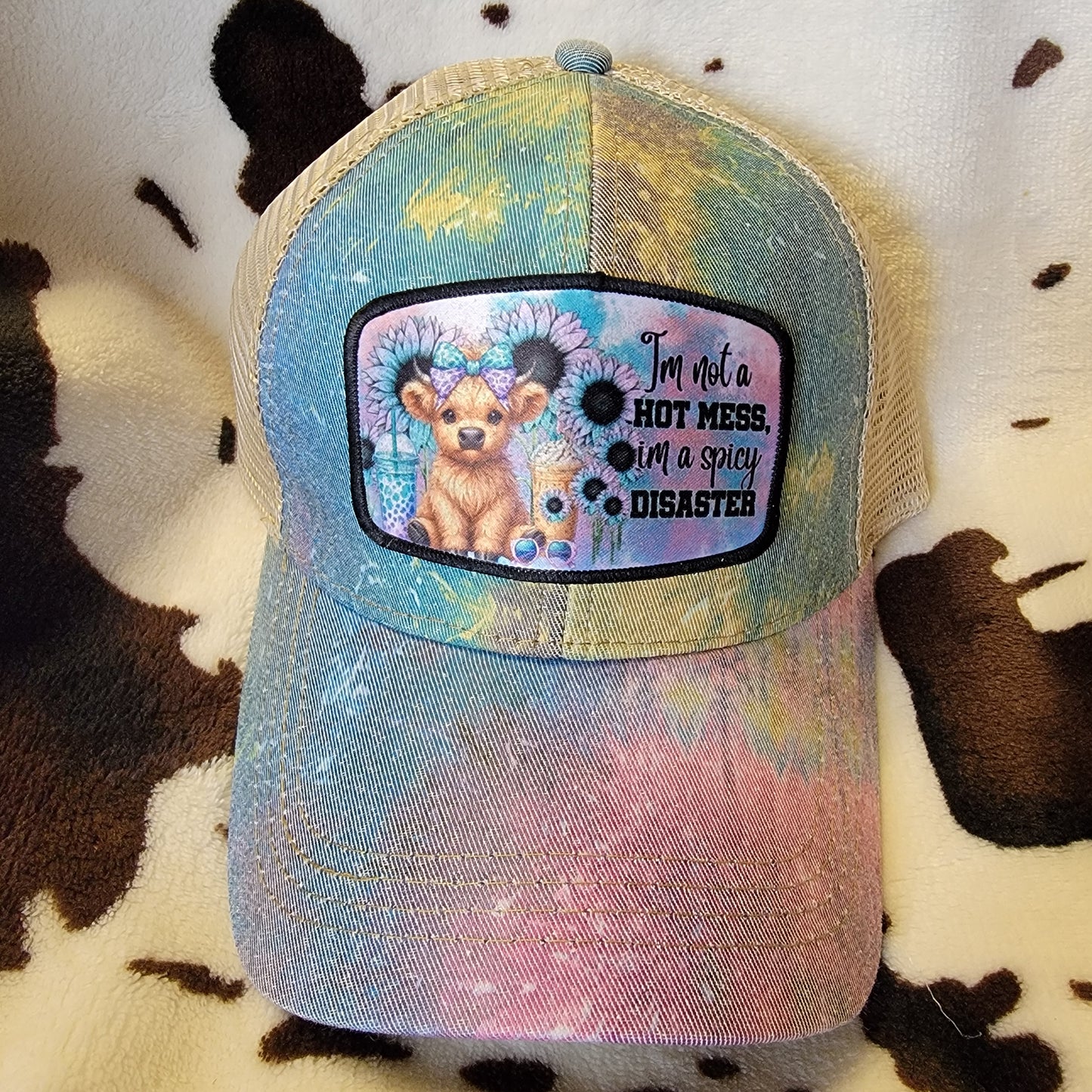 Tie Dye Hot Mess Cow Custom Criss Cross Ponytail Patch Hat