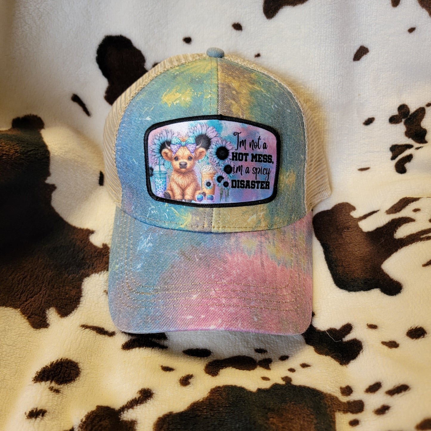 Tie Dye Hot Mess Cow Custom Criss Cross Ponytail Patch Hat