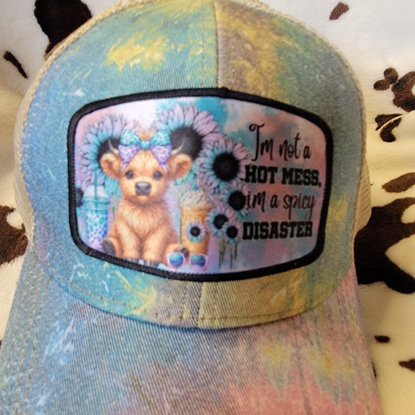 Tie Dye Hot Mess Cow Custom Criss Cross Ponytail Patch Hat