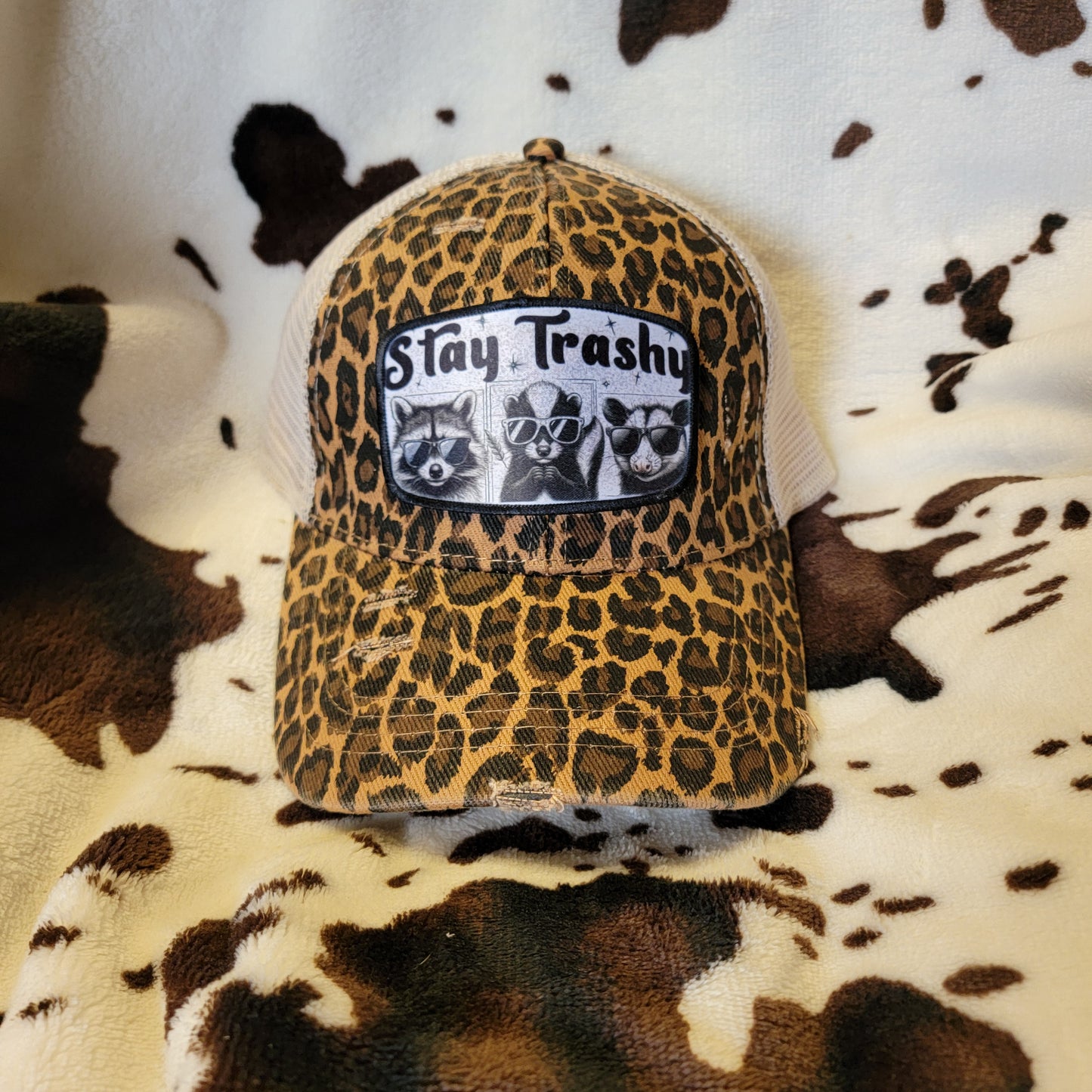 Stay Trashy Animal Print Custom Criss Cross Ponytail Patch Hat