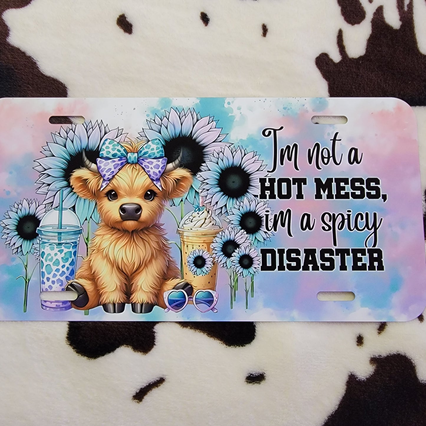 Highland Cow Hot Mess Floral Car Tag License Plate