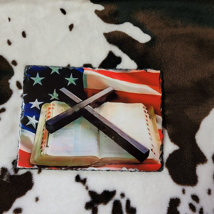 American Flag Bible Cross Photo Rock Slate